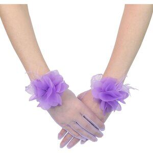 Women's Tulle Floral Short Lavender Gloves Flower Design Tea Party Accessories